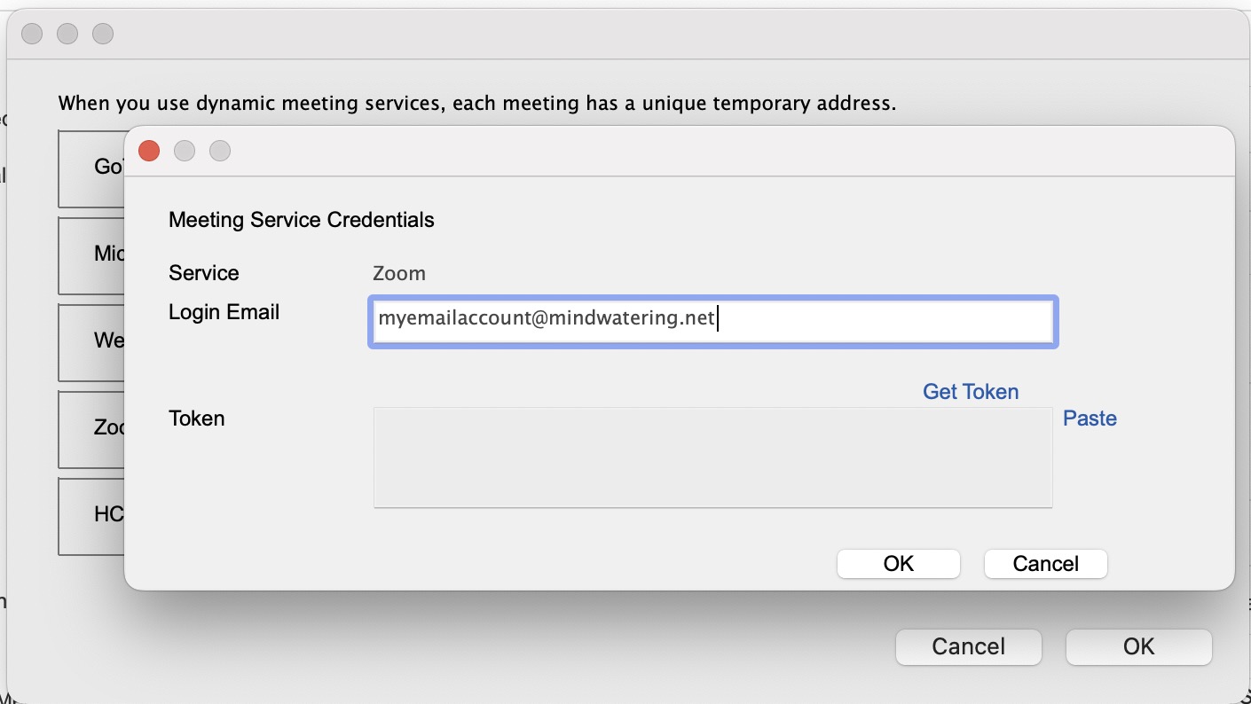Meeting Service Credentials Pop-up Dialog